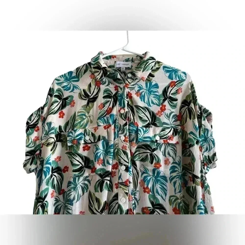 Lost & Wander Seascape Cover Up Dress Shirt Dress Green Tropical Print Size M/L - Picture 7 of 13